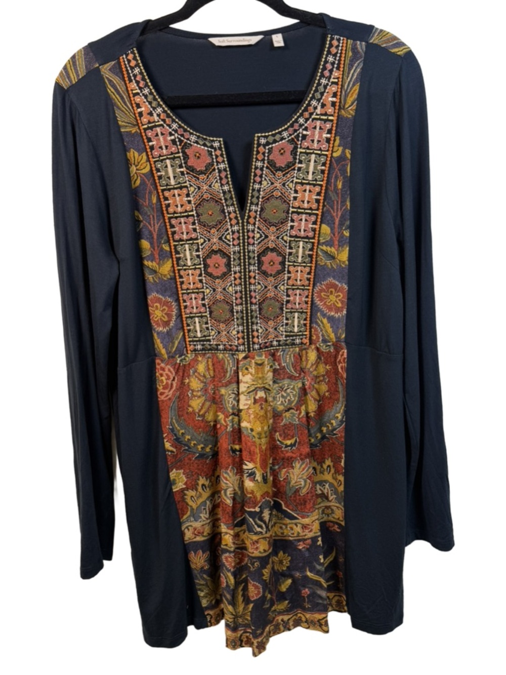 Soft Surroundings Navy Long-Sleeve Embroidered Boho Tunic with Multicolor Panels